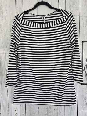Manoukian Black & White Striped Stretch Top Size L Business Office Casual